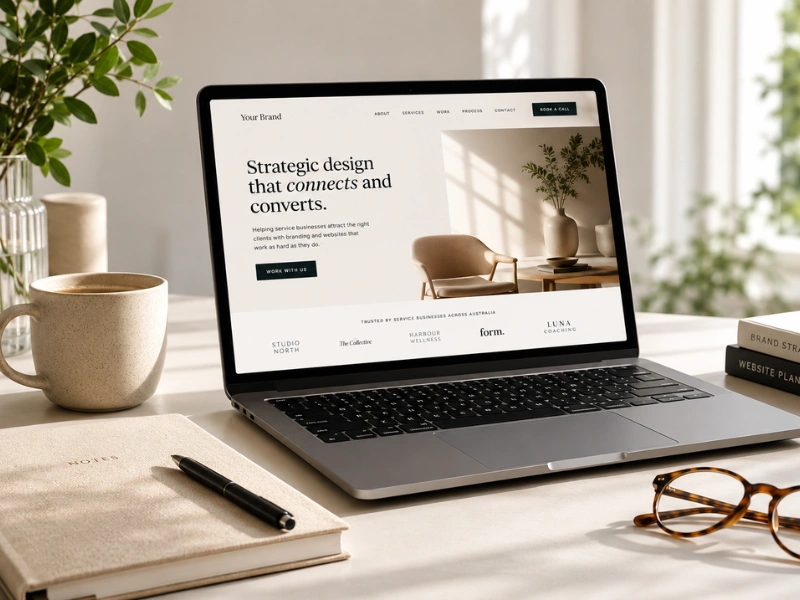 Laptop displaying an example homepage with the headline "Strategic design that connects and converts," featuring a client logo trust bar and a lifestyle image of a living room