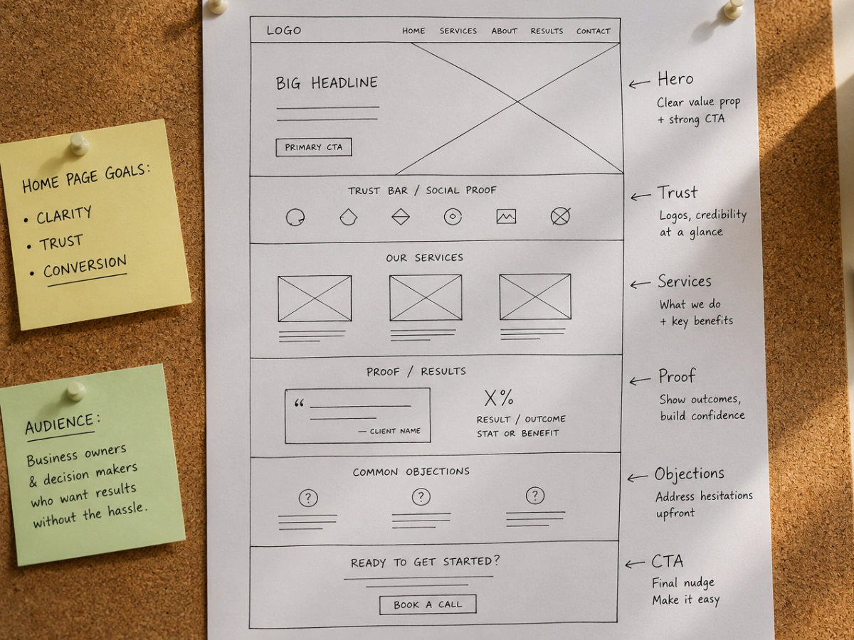 Hand-drawn homepage wireframe pinned to a corkboard, annotated with the key sections: hero, trust bar, services, proof, objections, and call to action, alongside sticky notes on homepage goals and target audience