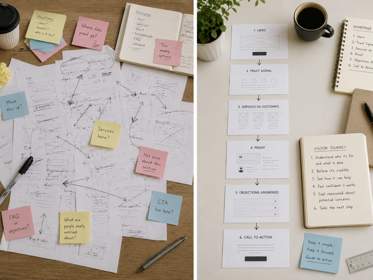 Two-panel image showing a messy desk of homepage wireframe sketches covered in sticky-note questions on the left, and an organised card sequence mapping the visitor journey through hero, trust signal, services, proof, objections, and call to action on the right