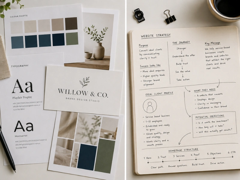 Two-panel image showing a brand style guide for "Willow & Co." with colour palette, typography, and moodboard on the left, and a handwritten website strategy notebook mapping client journey and homepage structure on the right