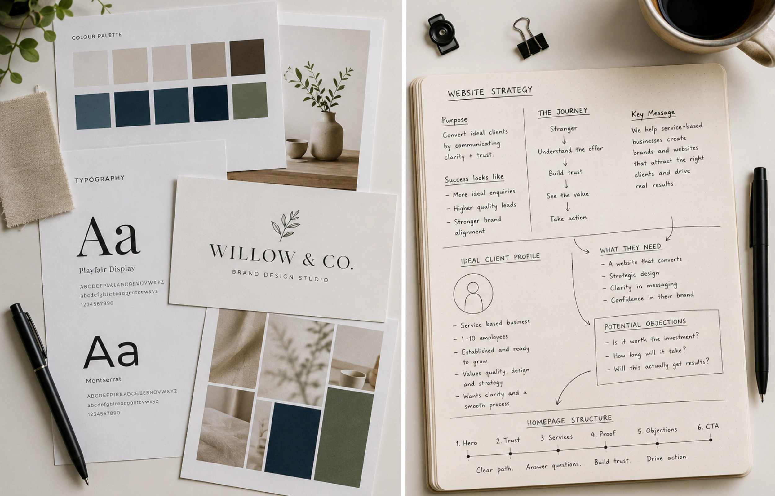 Two-panel image showing a brand style guide for "Willow & Co." with colour palette, typography, and moodboard on the left, and a handwritten website strategy notebook mapping client journey and homepage structure on the right