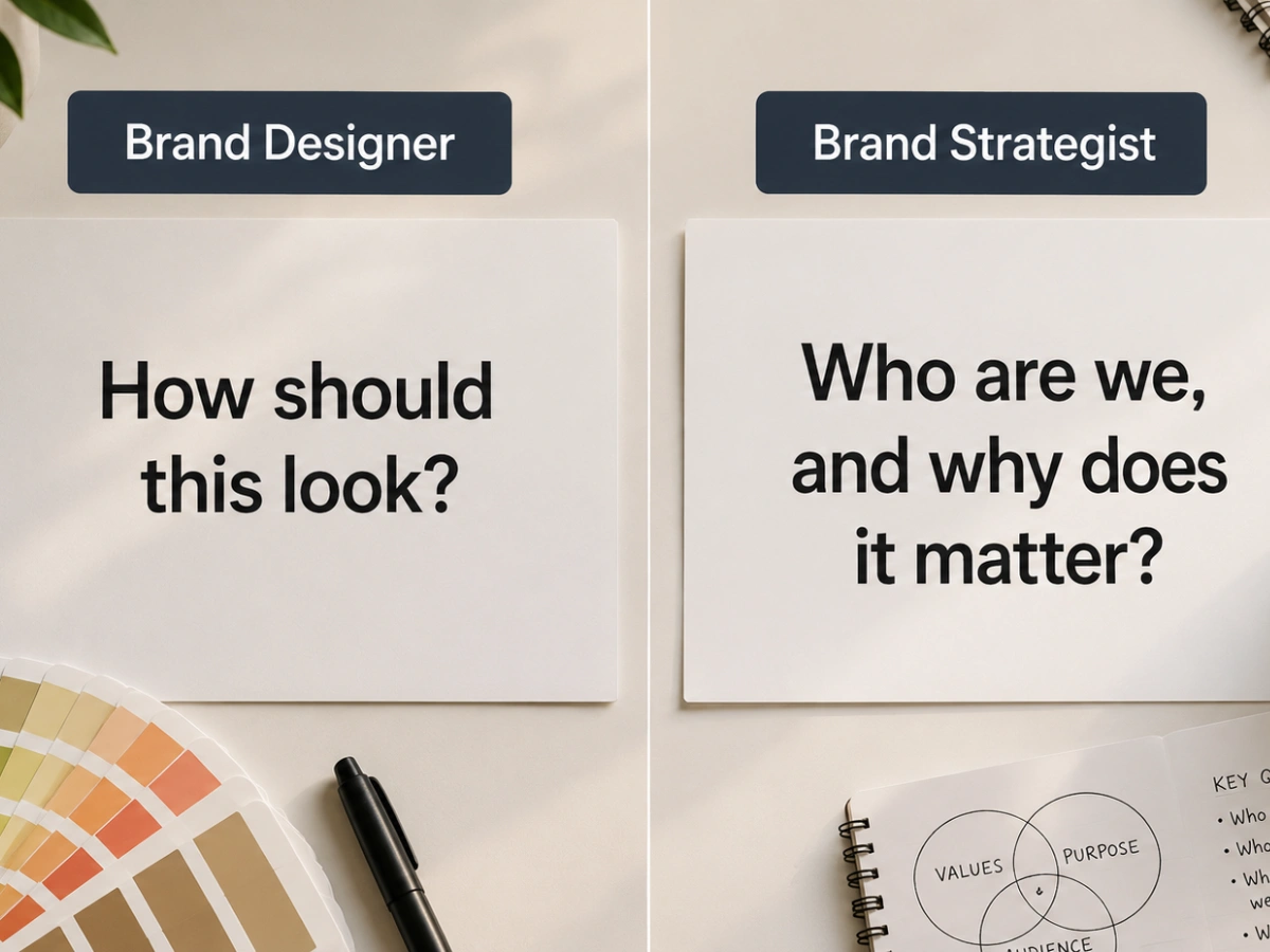Side-by-side comparison cards contrasting a brand designer's focus, "How should this look?", with a brand strategist's focus, "Who are we, and why does it matter?", alongside colour swatches and a strategy notebook