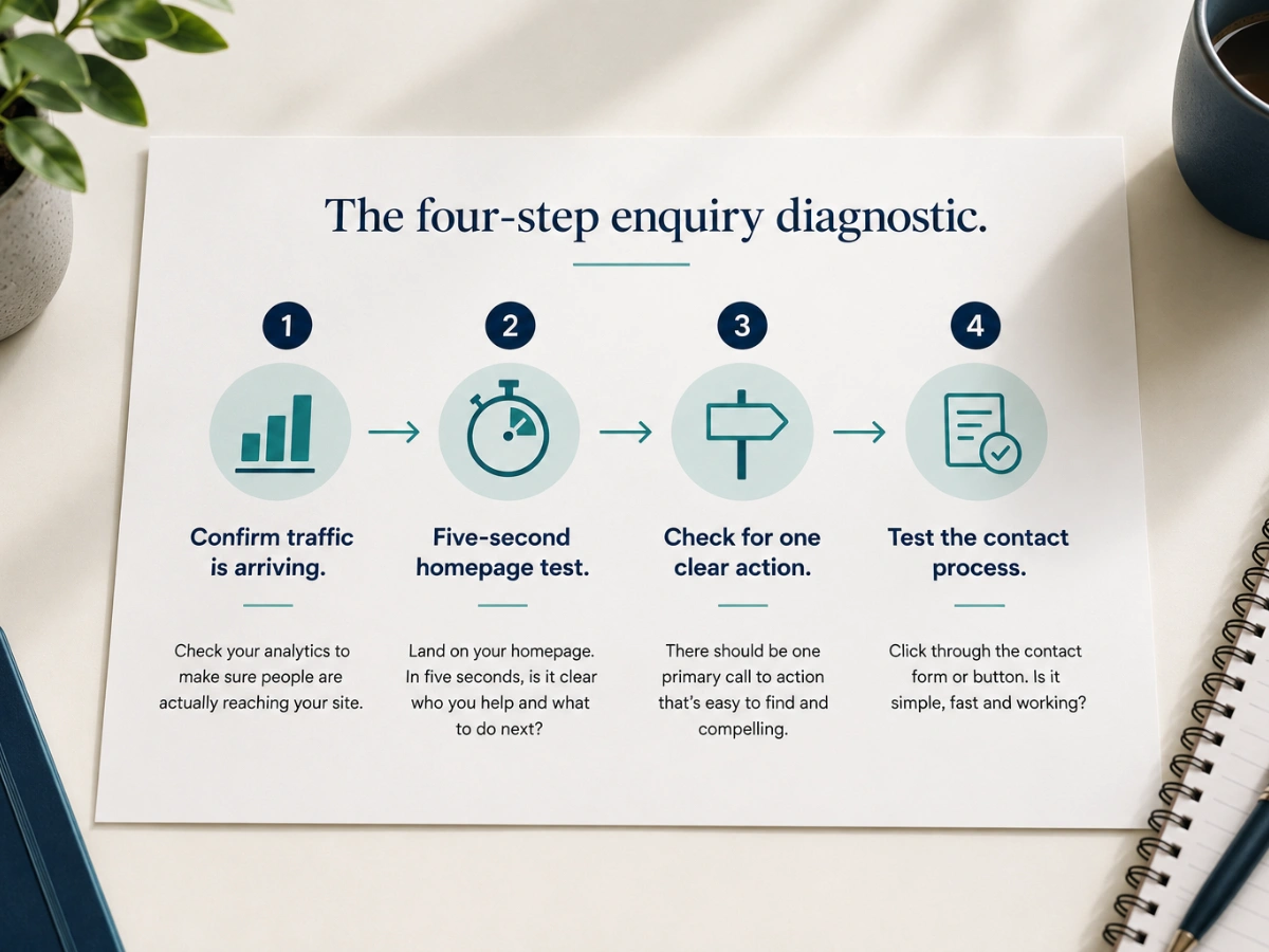 Four-step diagnostic flow for why a website is not getting enquiries: traffic check, homepage clarity test, call to action check, and contact form test.