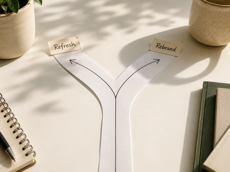 Brand refresh vs rebrand: a forked path diagram on a white desk with handwritten tags labelled refresh and rebrand.