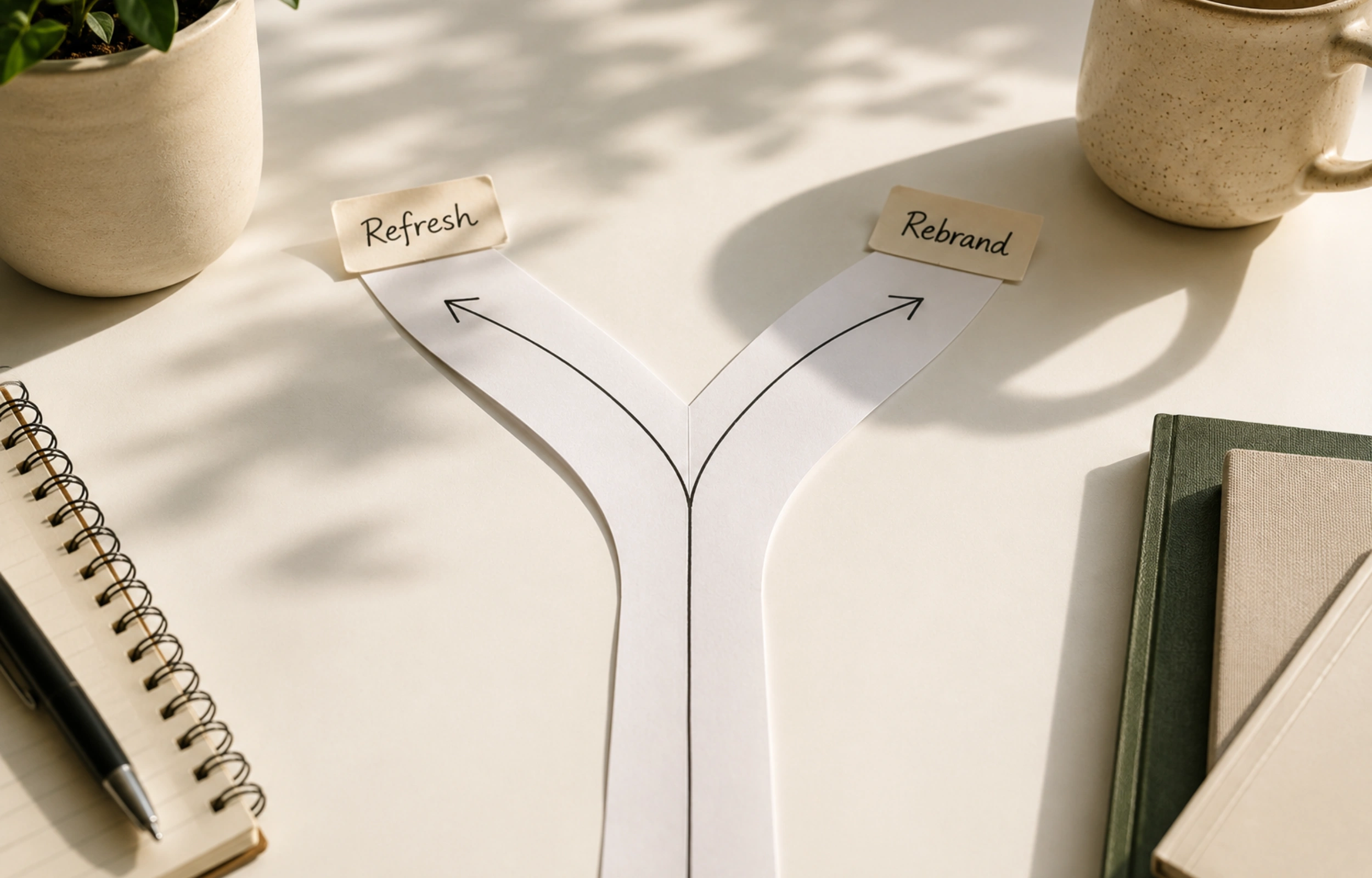Brand refresh vs rebrand: a forked path diagram on a white desk with handwritten tags labelled refresh and rebrand.