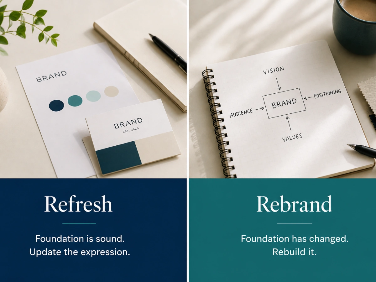 Two-panel graphic summarising brand refresh versus rebrand: refresh updates the expression of a sound foundation, rebrand rebuilds a changed foundation.