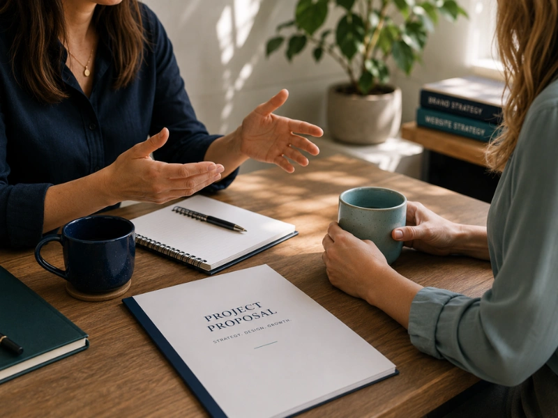Two business owners discussing a referral conversation.