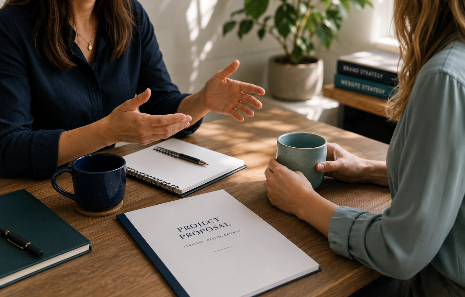 Two business owners discussing a referral conversation.
