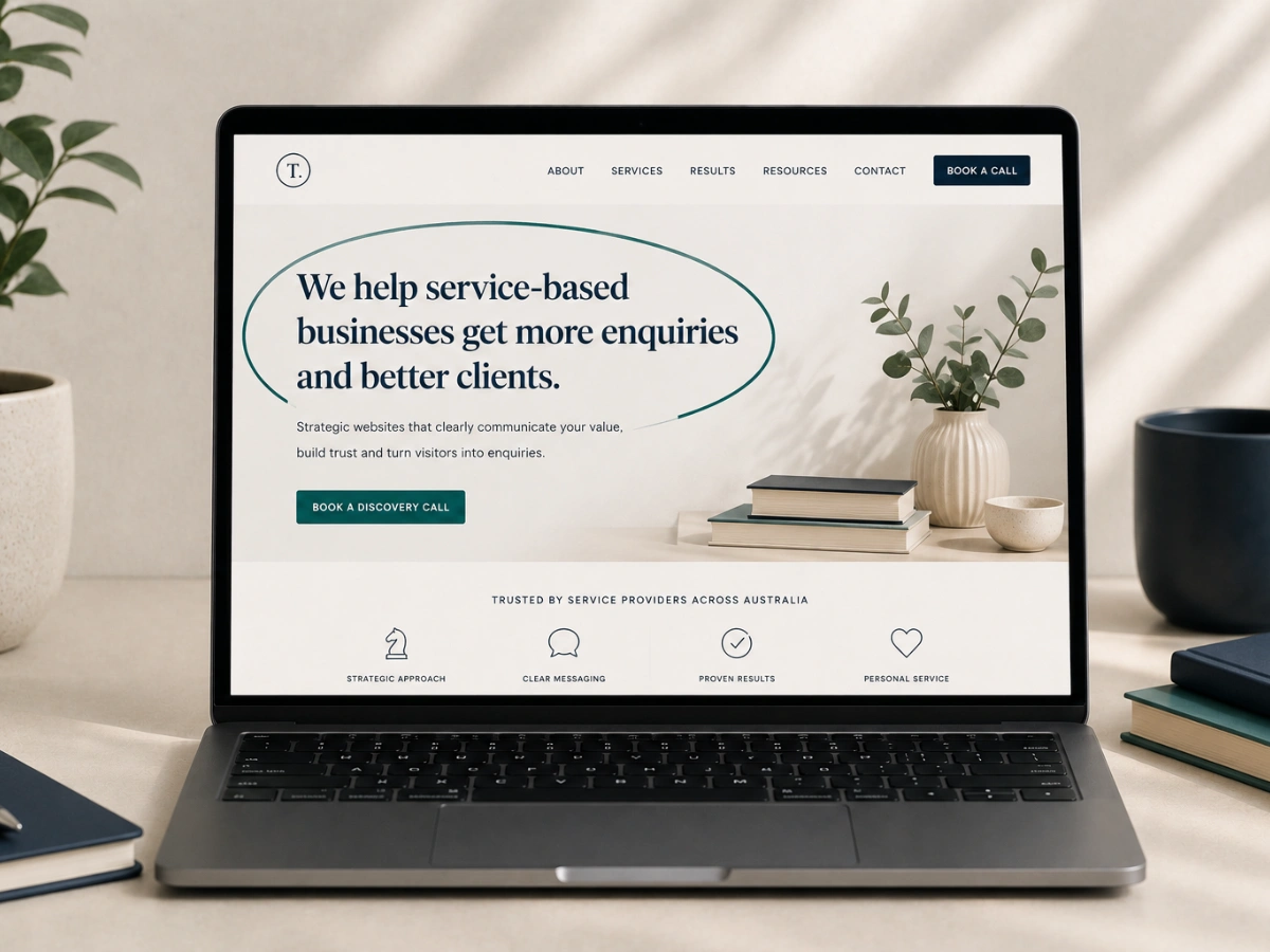 A single homepage mockup with the headline highlighted or circled, clean layout, minimal navy and teal palette.