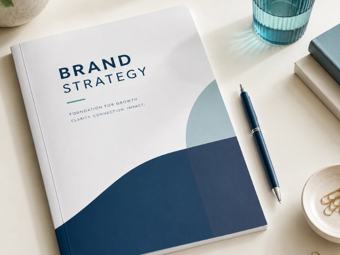 Brand strategy document on a desk representing a service business rebrand