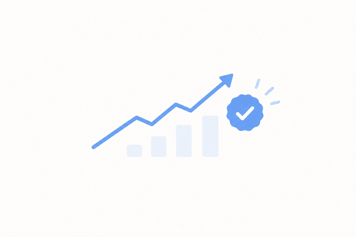 Upward trending line graph over rising bars with a blue tick badge