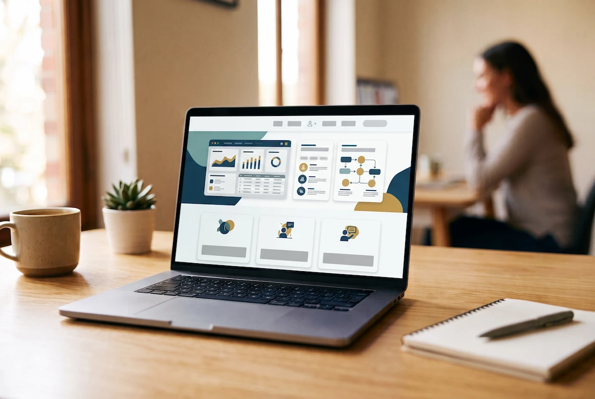 Modern service business website open on a laptop during a client call