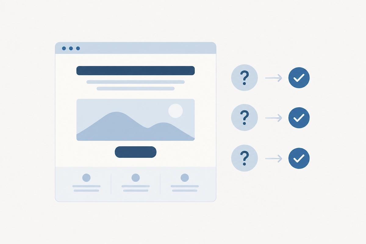 Illustration of a homepage first screen answering a visitor's three questions