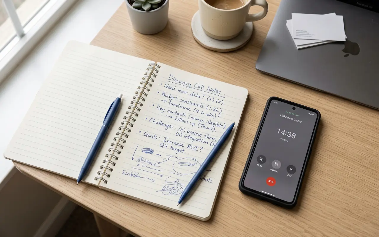 Handwritten discovery call notes beside a phone, representing credibility a website should establish before the call