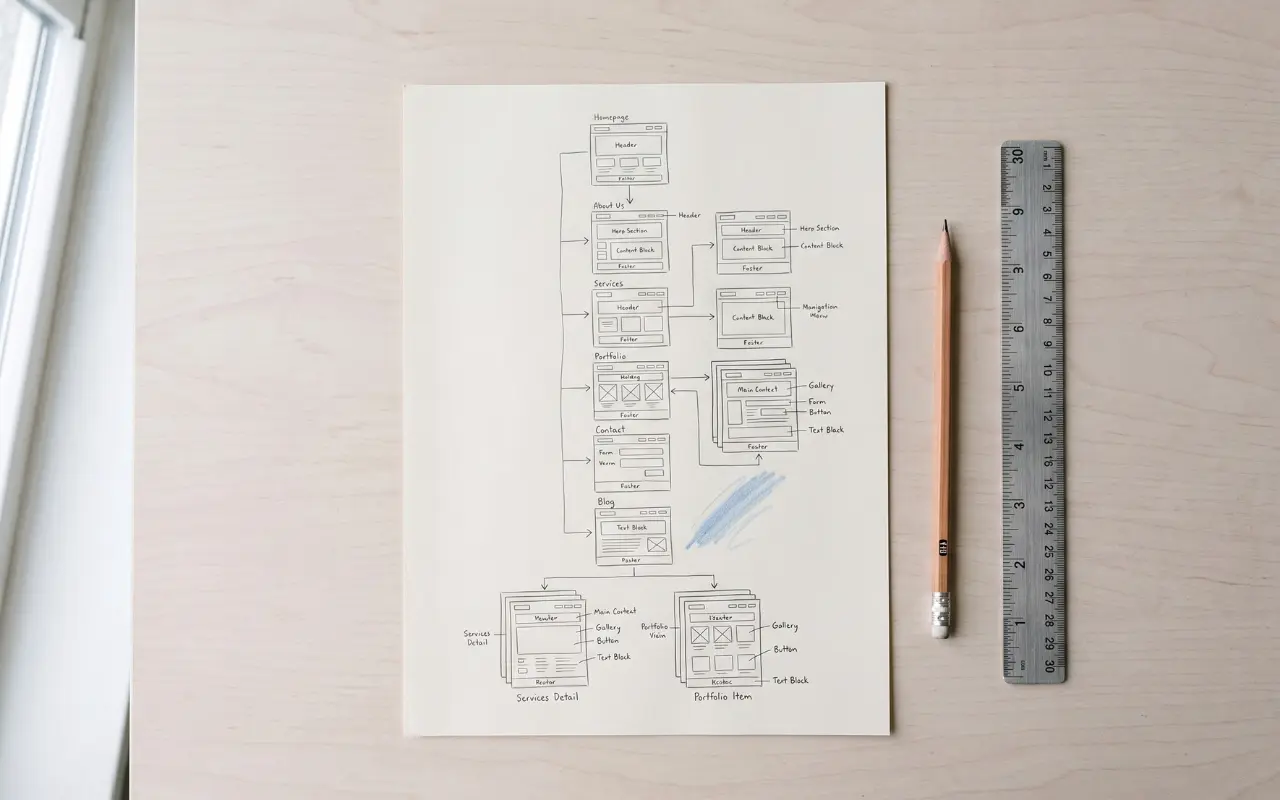 A hand drawn website structure sketch showing page sections planned before any design work begins