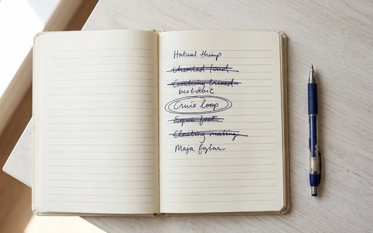 A handwritten list with items crossed out and one circled, representing the decisions and refusals that make a service business different