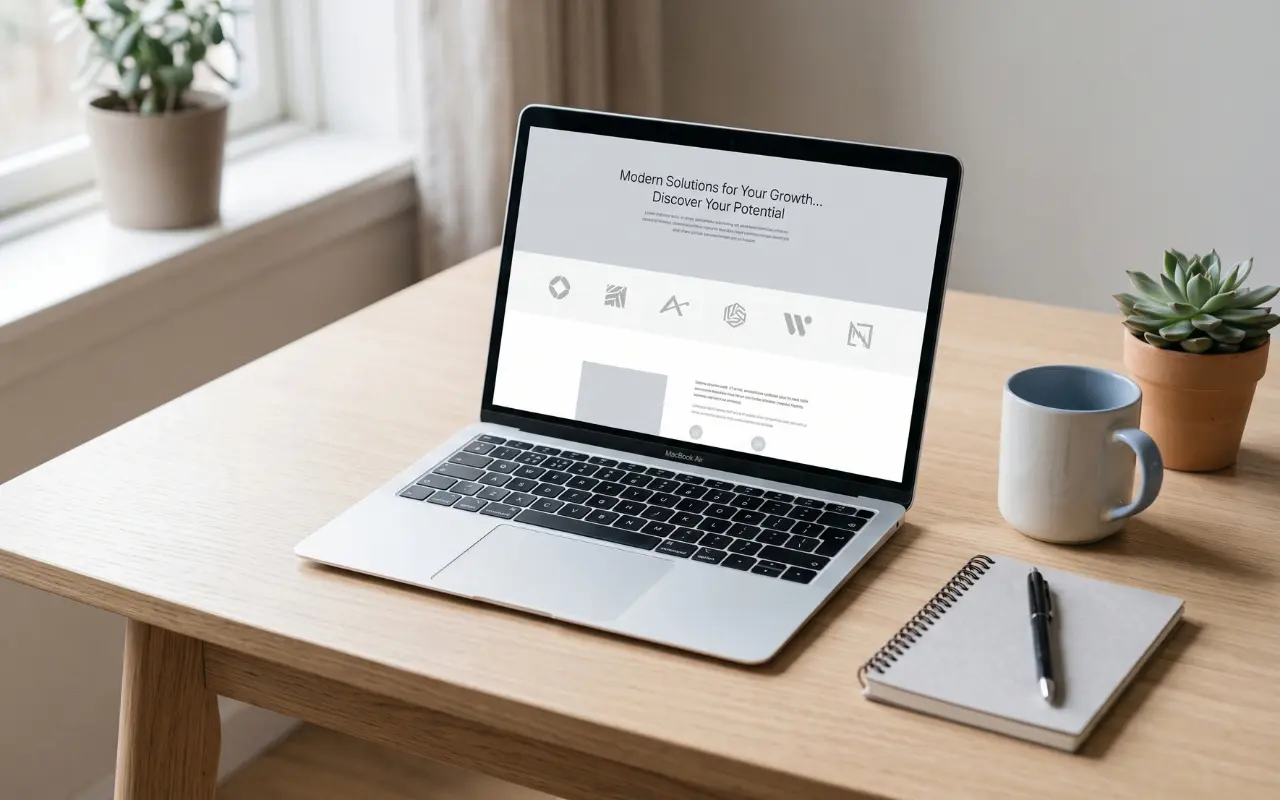 A laptop showing a homepage with a clear headline at the top, where a service business states what makes it different