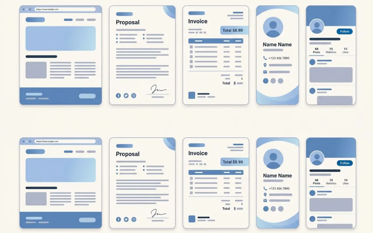 Illustration of consistent branding across website proposals and social profiles