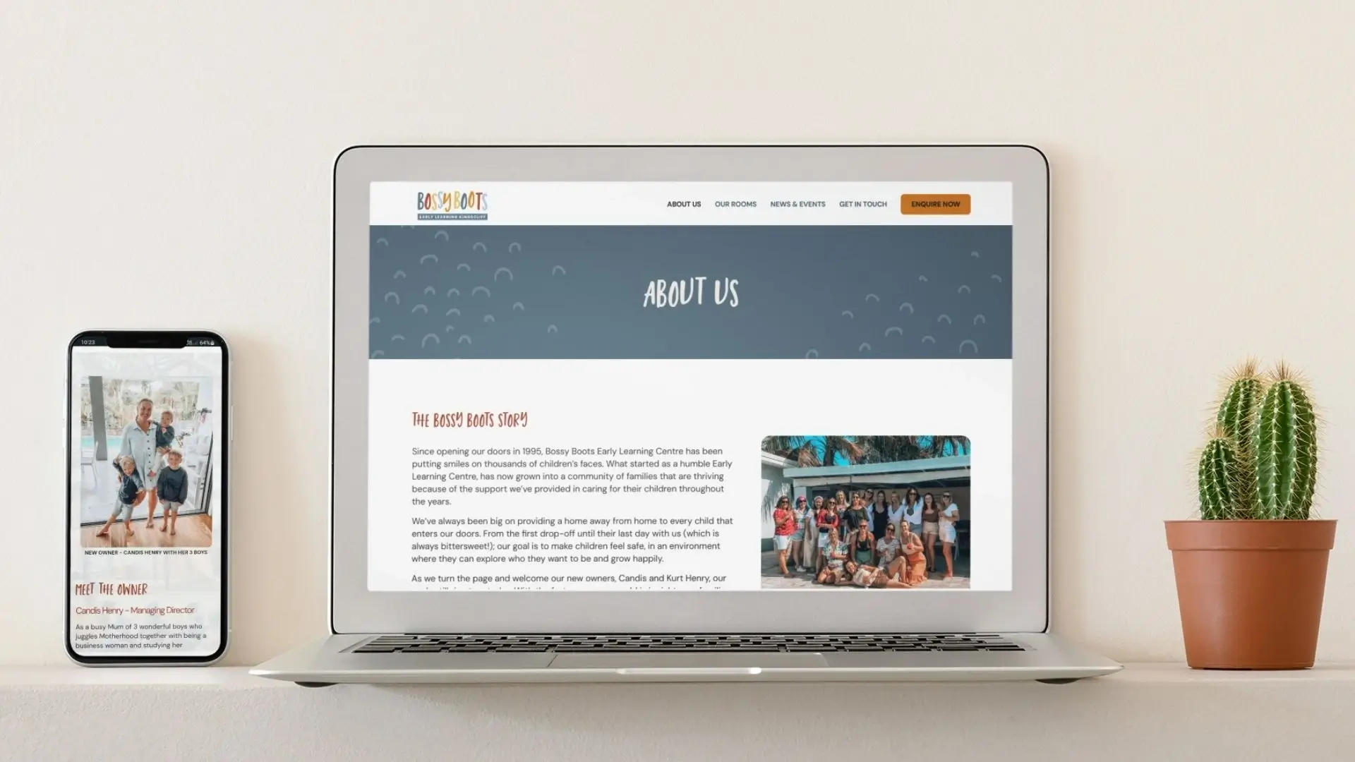 Childcare website design for Bossy Boots Kingscliff, About Us page on a laptop and phone