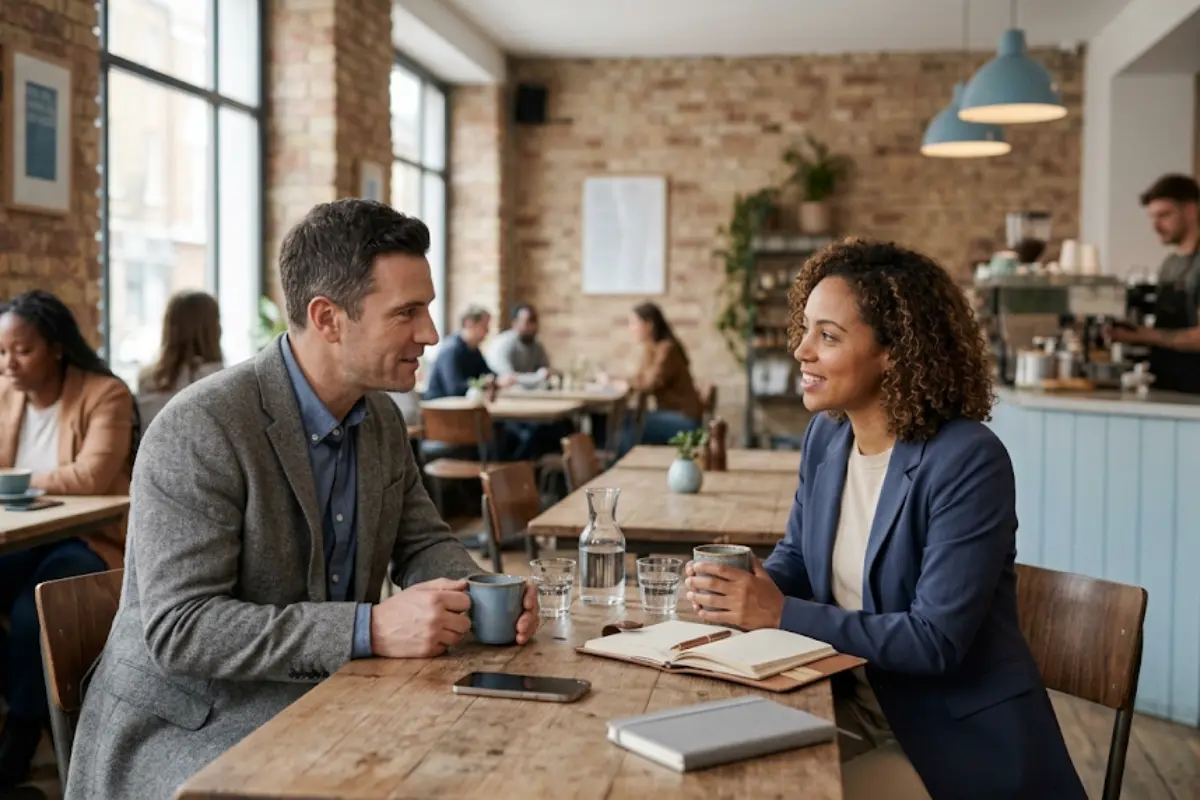 Referral strategy: business owner recommending a service provider to a friend over coffee