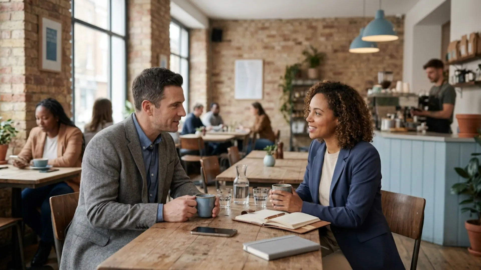 Referral strategy: business owner recommending a service provider to a friend over coffee