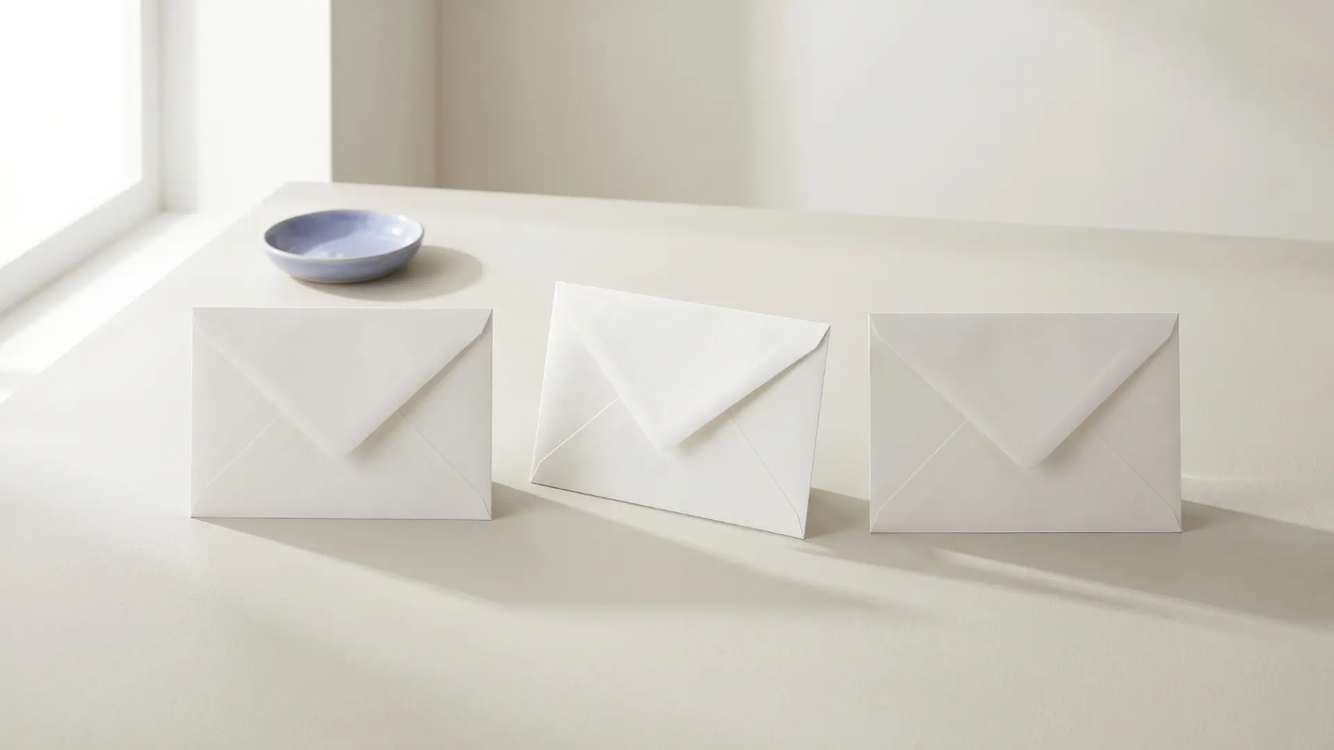 How to stand out from competitors: three near identical envelopes with one turned differently, representing how to explain what makes you different when the service is the same