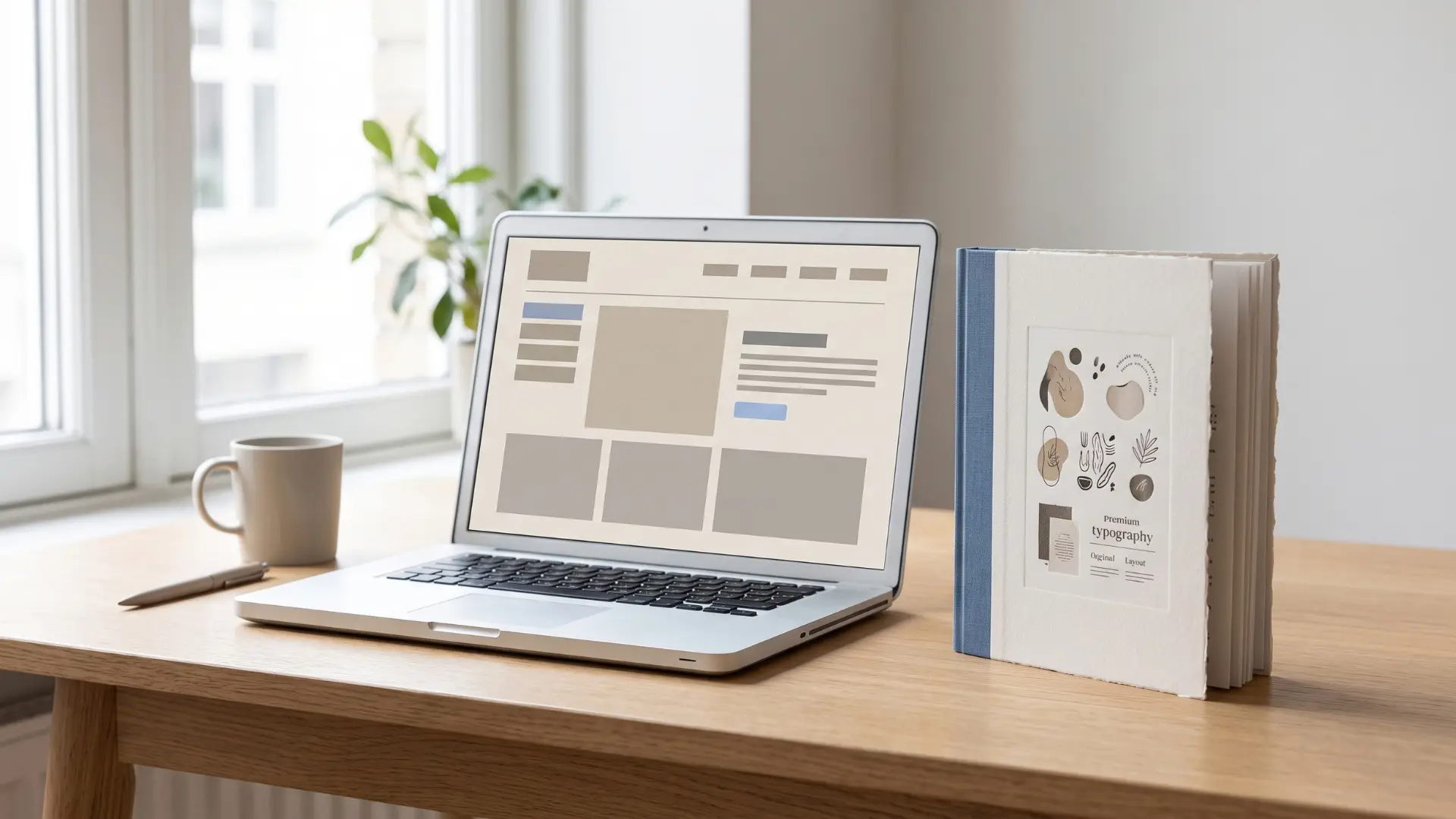 Website redesign: a laptop showing a dated website next to a high quality printed portfolio, showing a website that no longer matches the standard of the work