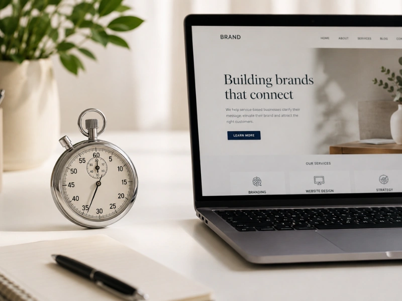 Why is my website not working: a stopwatch beside a laptop showing a website homepage on a clean white desk, representing a fast diagnostic check.