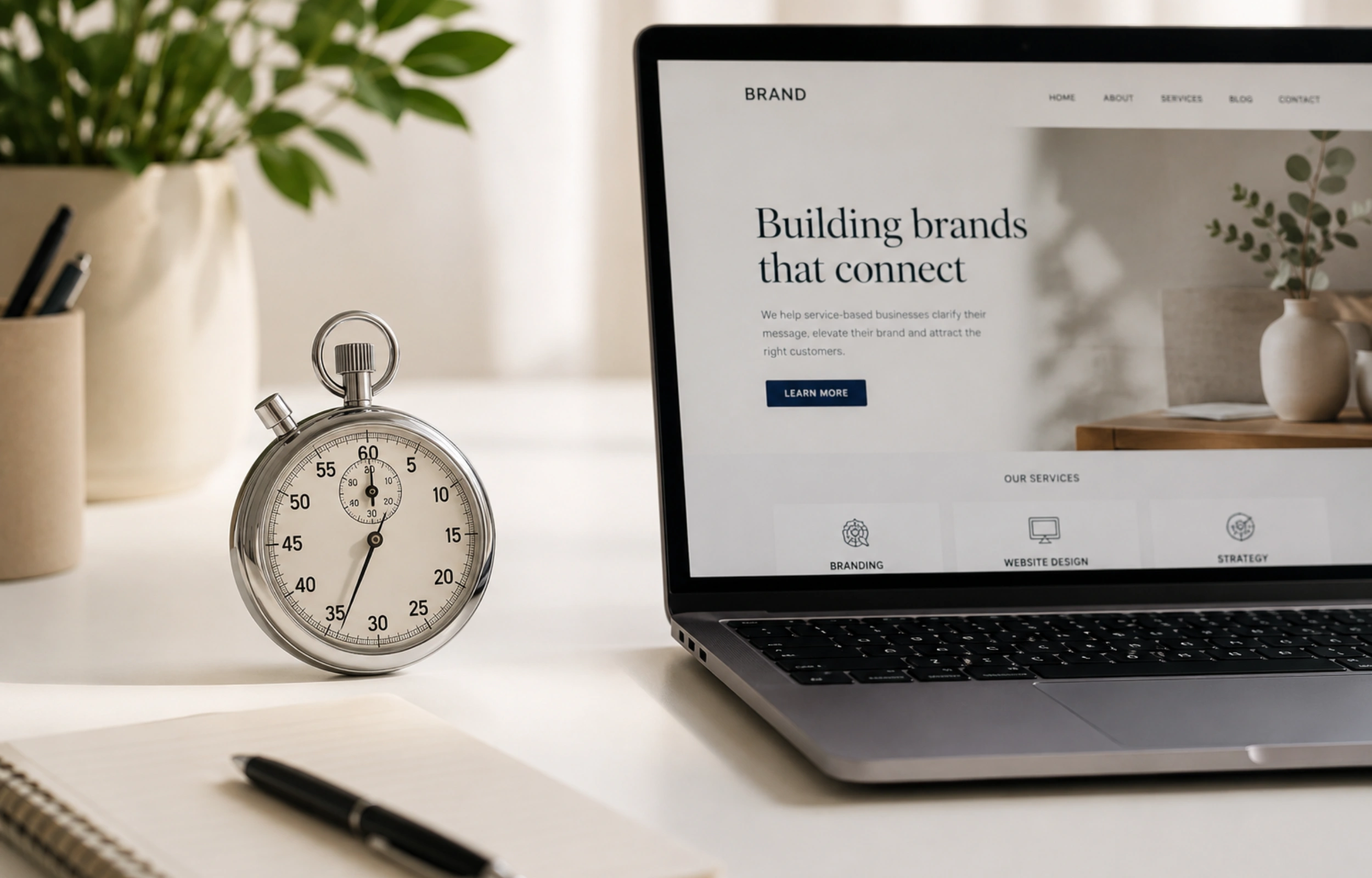 Why is my website not working: a stopwatch beside a laptop showing a website homepage on a clean white desk, representing a fast diagnostic check.
