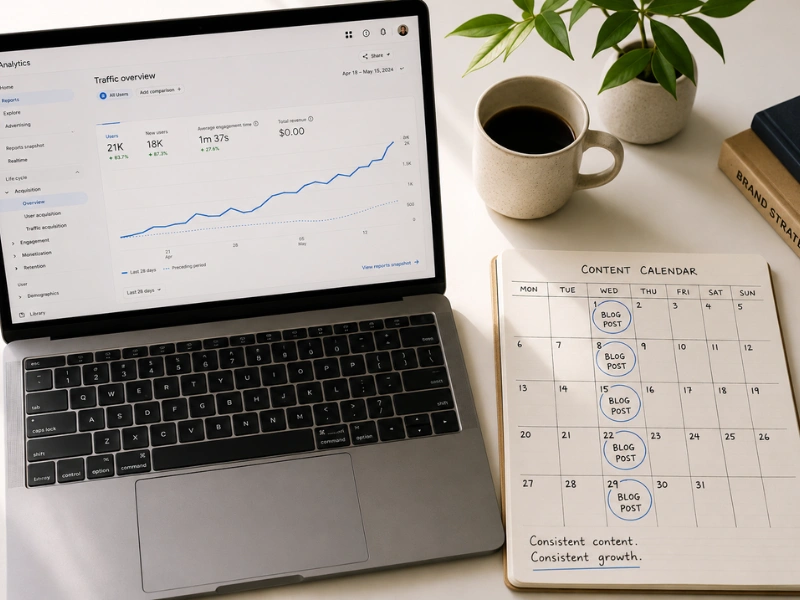Increase website traffic: laptop showing a rising traffic graph beside a content calendar notebook on a clean white desk.