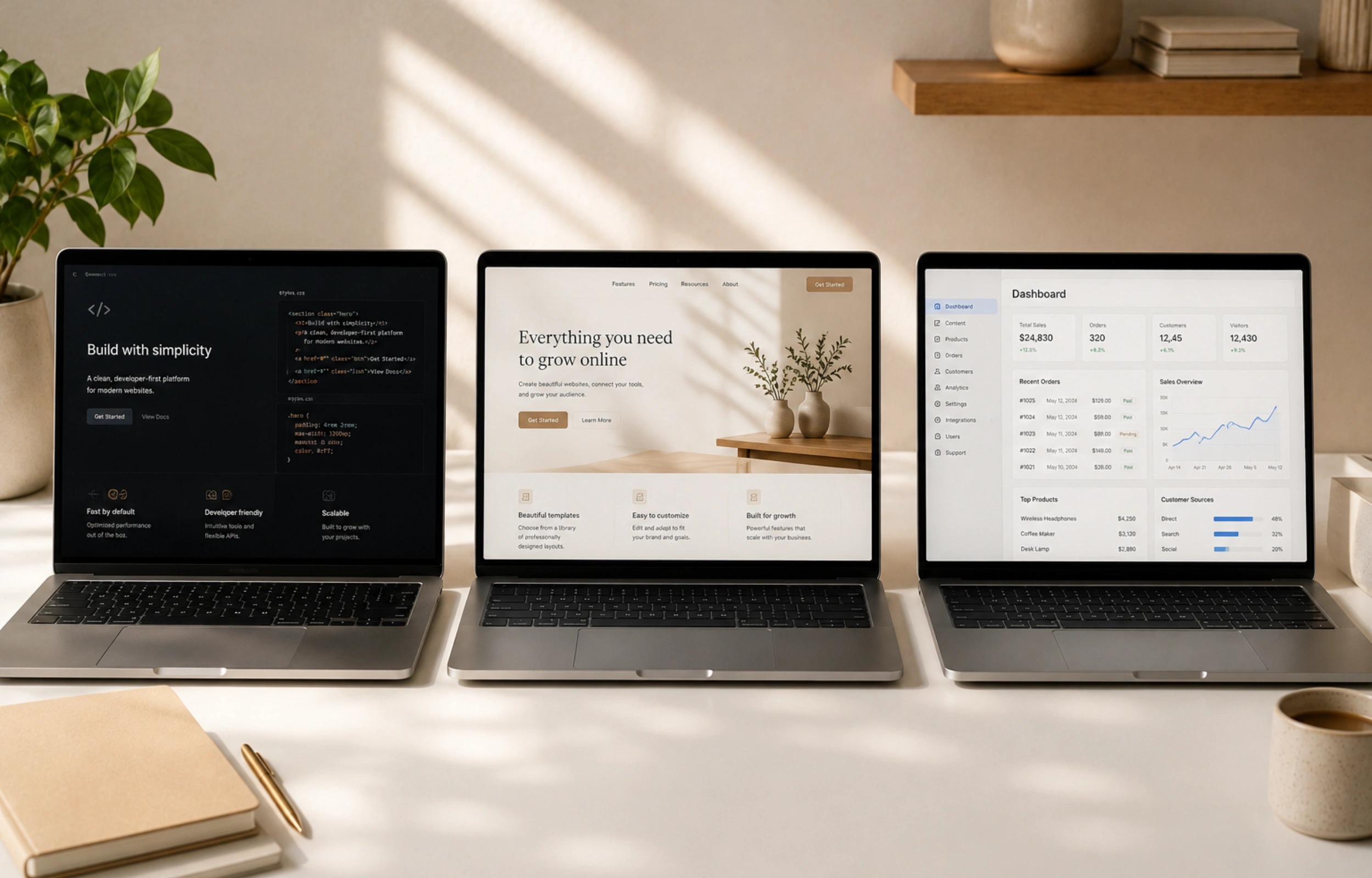 Webflow vs WordPress: three laptops side by side displaying a code editor, a website template, and an ecommerce sales dashboard, representing different website platform approaches