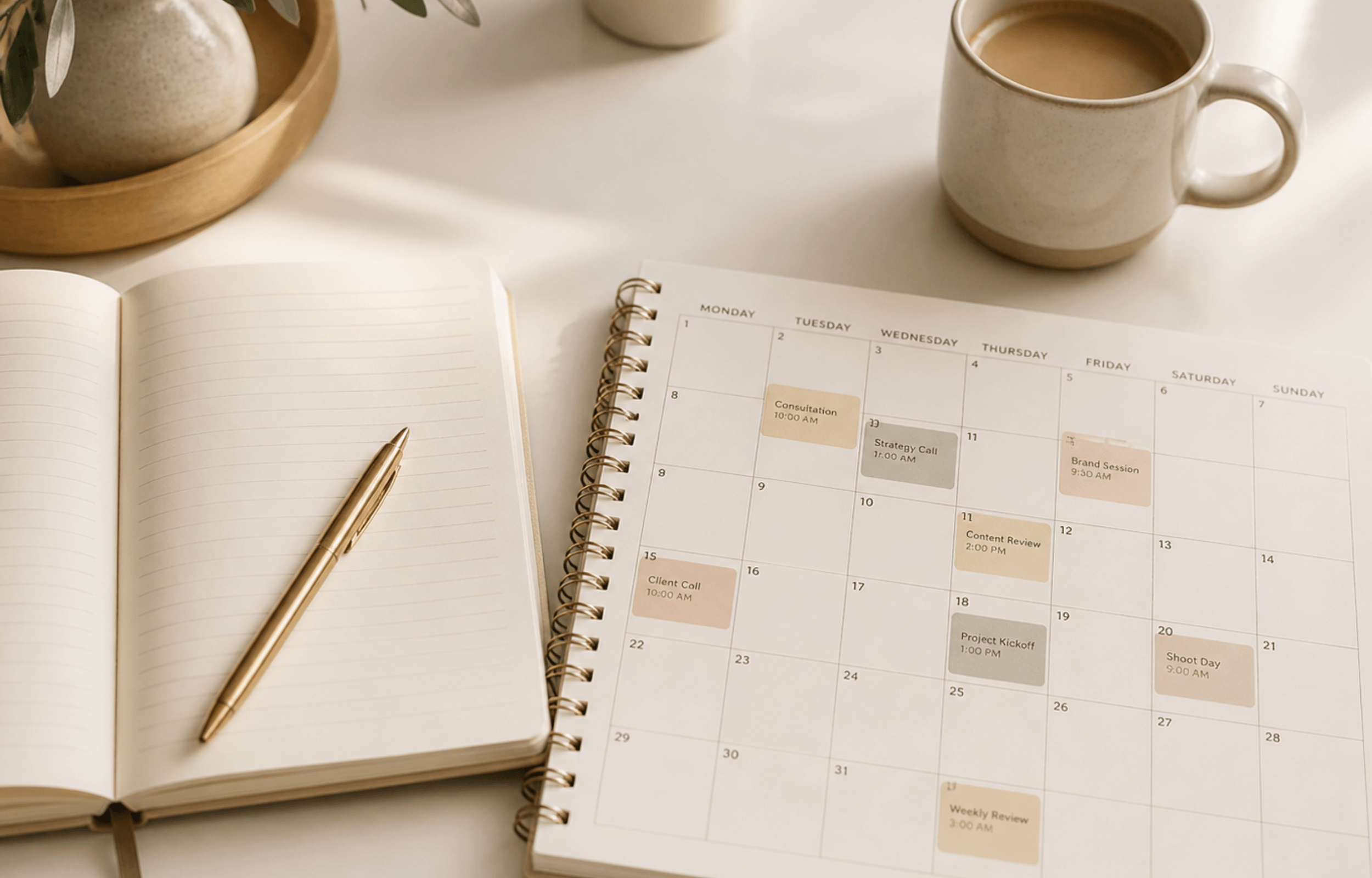 How to get more clients: service business owner planning a consistent client pipeline in a notebook on a calm desk