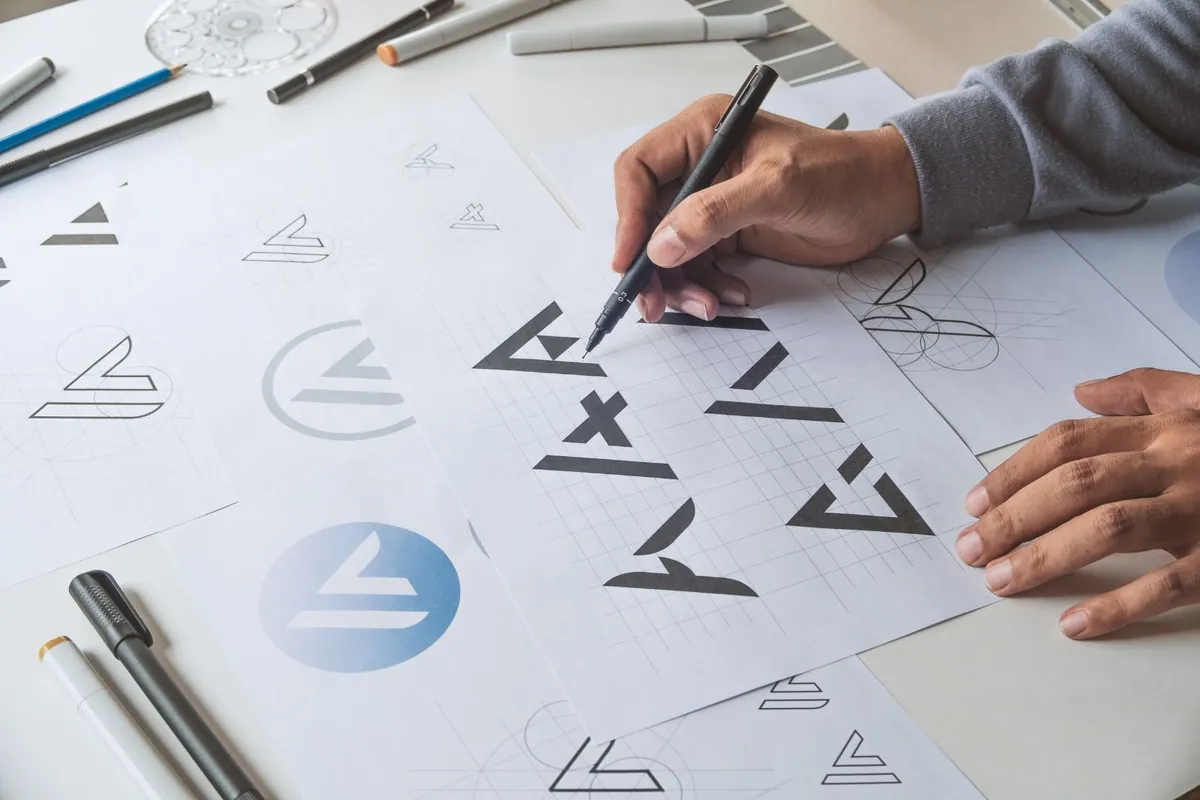 Logo variations: designer sketching different versions of a logo mark on grid paper