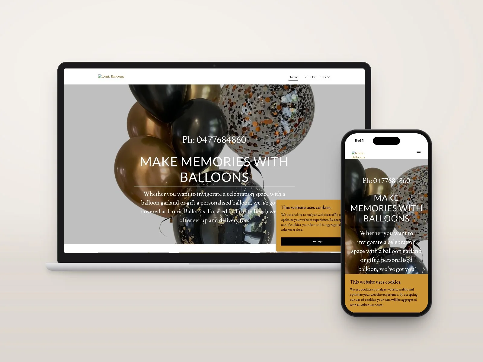 The original Iconic Balloons website in October 2024, shown on a laptop and phone, with the 'Make memories with balloons' homepage