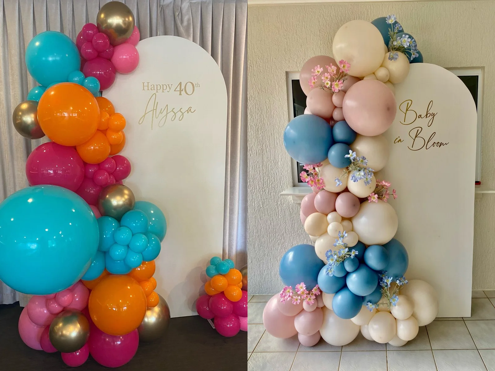 Iconic Balloons garlands in Cairns: a bright 40th birthday balloon arch beside a pastel 'Baby in Bloom' baby shower backdrop