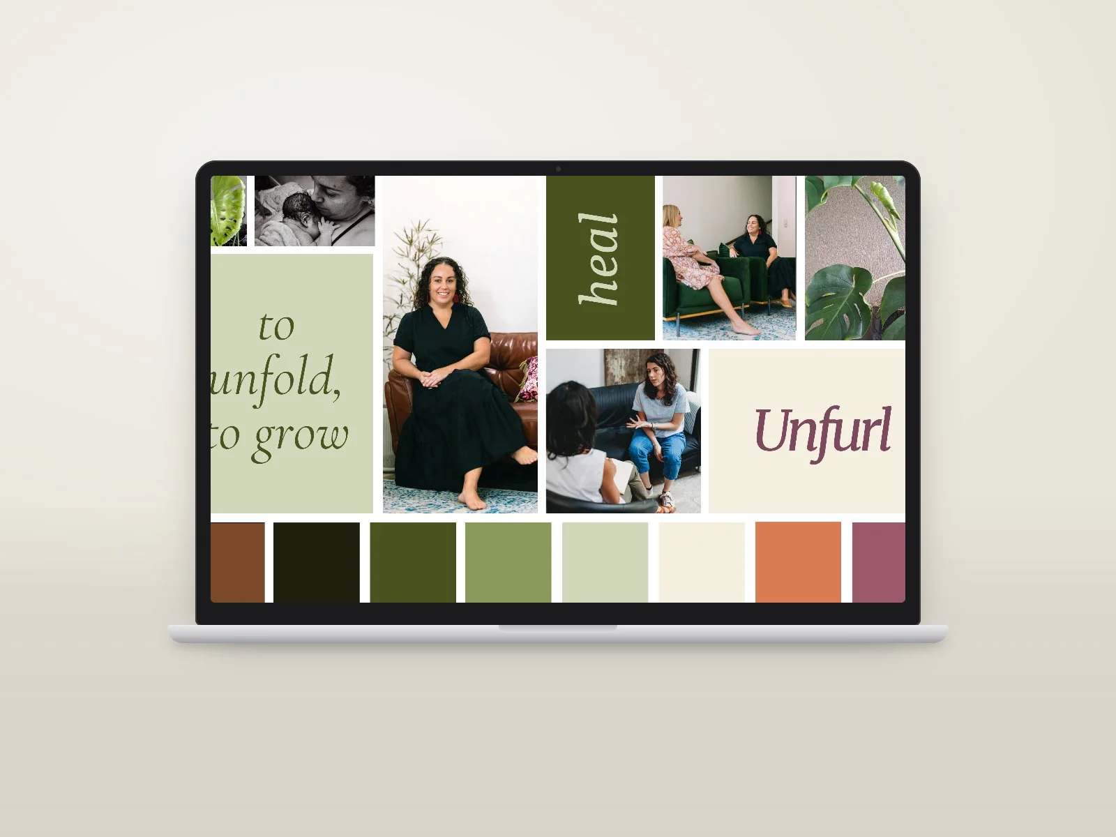 Unfurl's brand strategy moodboard on a laptop: founder photos, the line 'to unfold, to grow' and the olive, sage, terracotta and plum colour palette