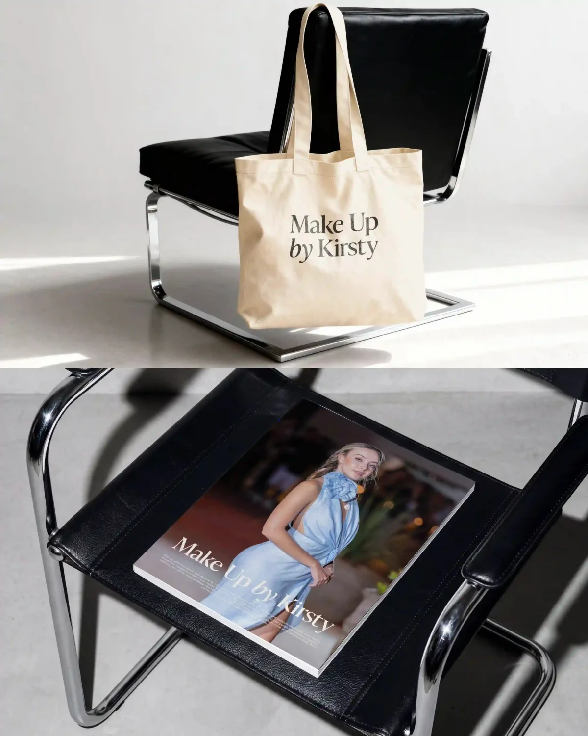 Make Up by Kirsty branded tote bag hanging on a chair, with a printed brand piece on the seat