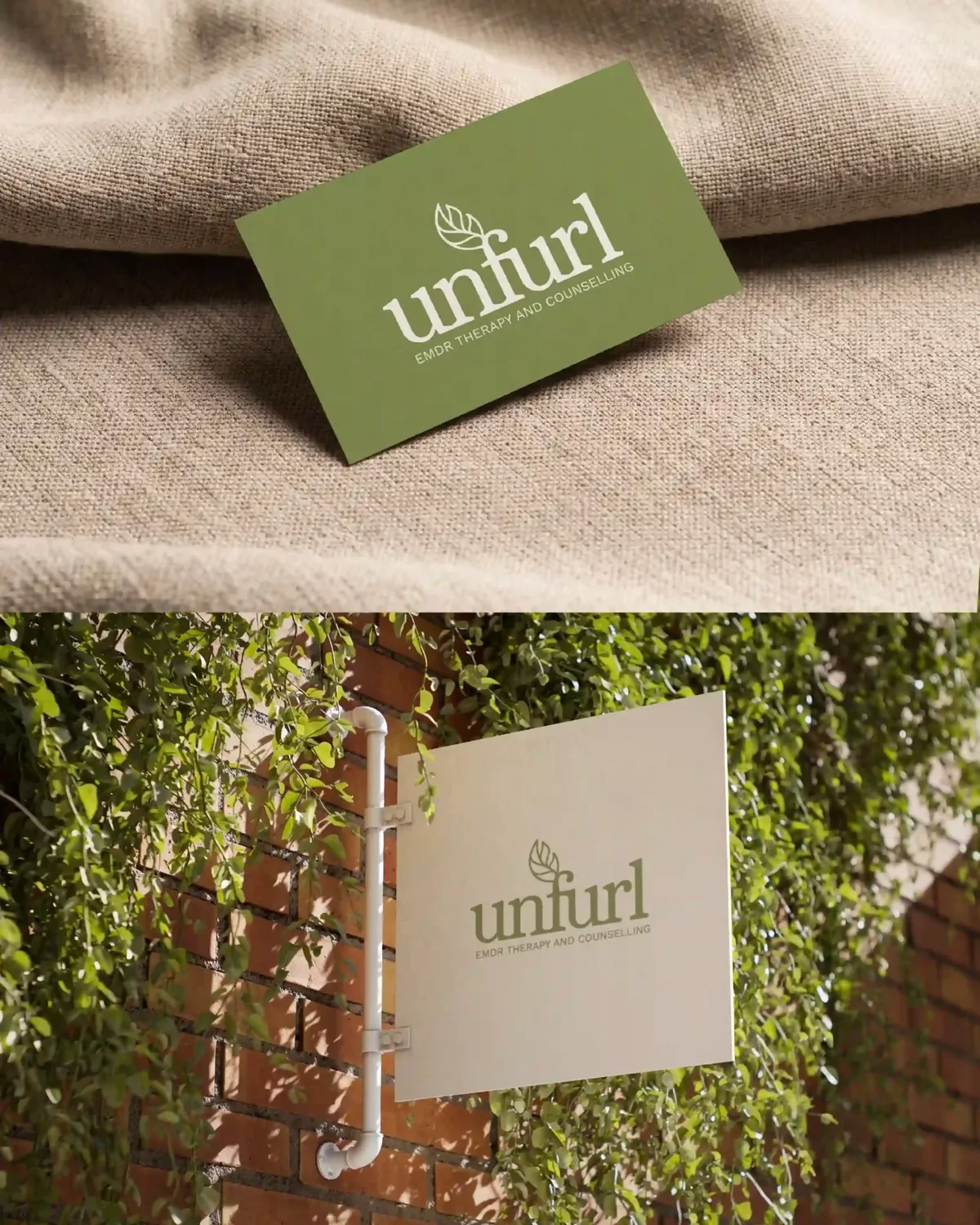 Unfurl EMDR Therapy and Counselling branding: a green business card on linen above a cream hanging sign on a brick wall with trailing greenery