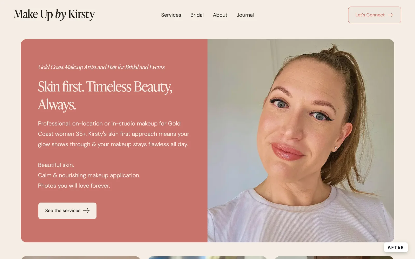 After: the new Make Up by Kirsty homepage, 'Skin first. Timeless Beauty, Always.', with Kirsty's photo