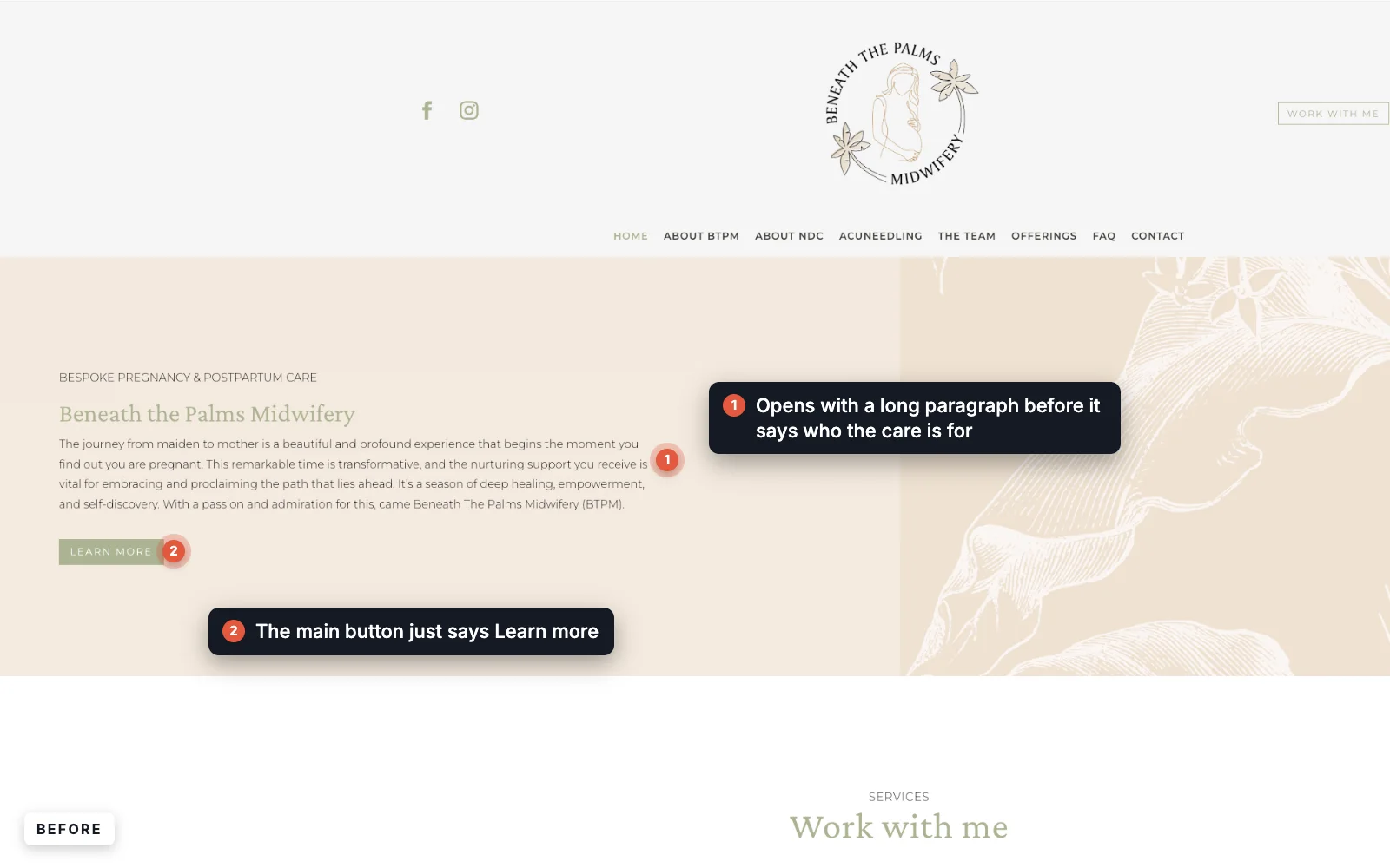 Before: the old Beneath the Palms Midwifery homepage, which opens with a long paragraph and a 'Learn more' button