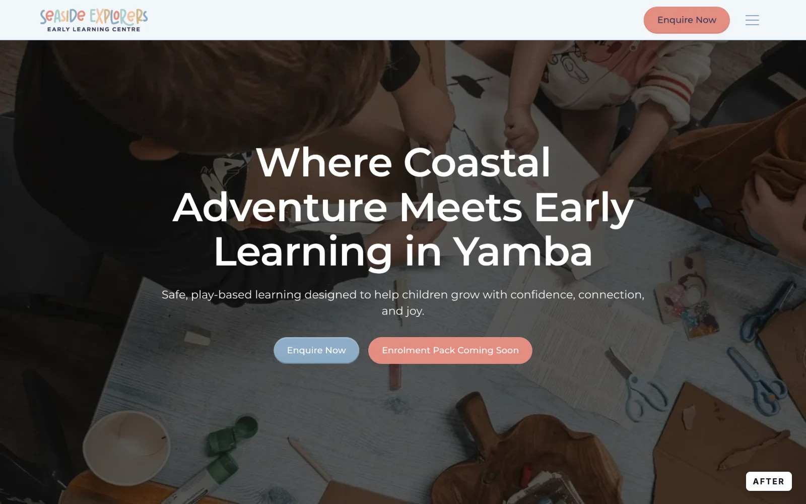 After: the new Seaside Explorers homepage, 'Where Coastal Adventure Meets Early Learning in Yamba', with Enquire Now and Enrolment Pack buttons