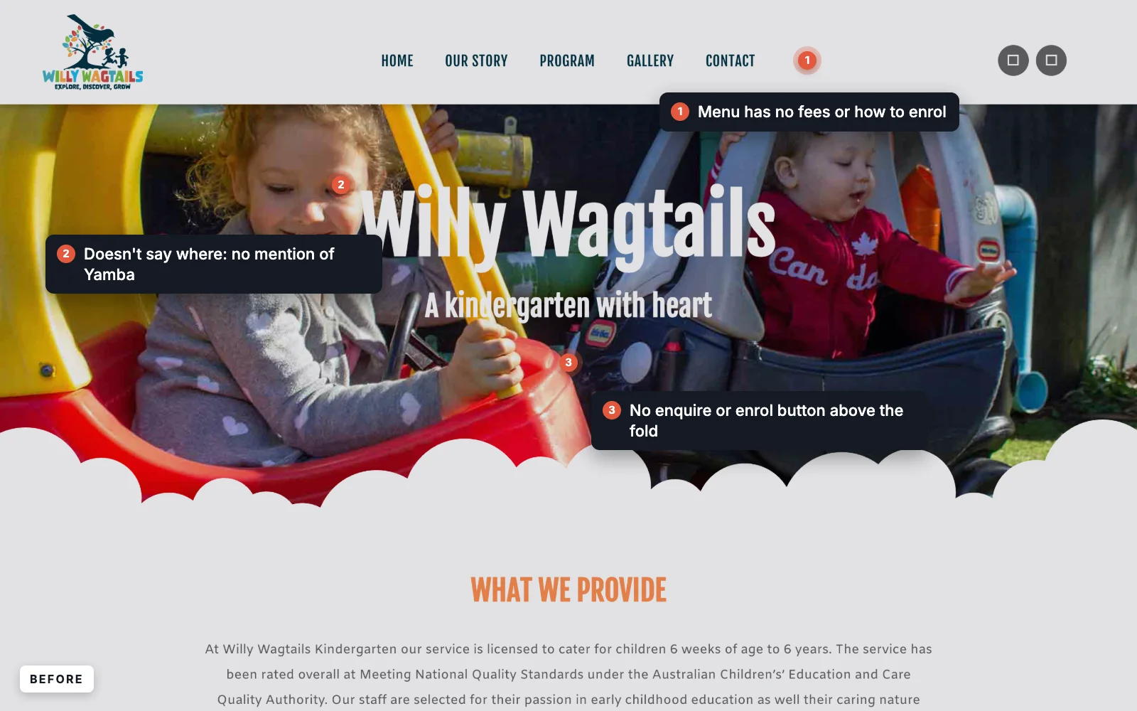 Before: the old Willy Wagtails homepage, with no fees or enrolment in the menu, no mention of Yamba and no enquire button