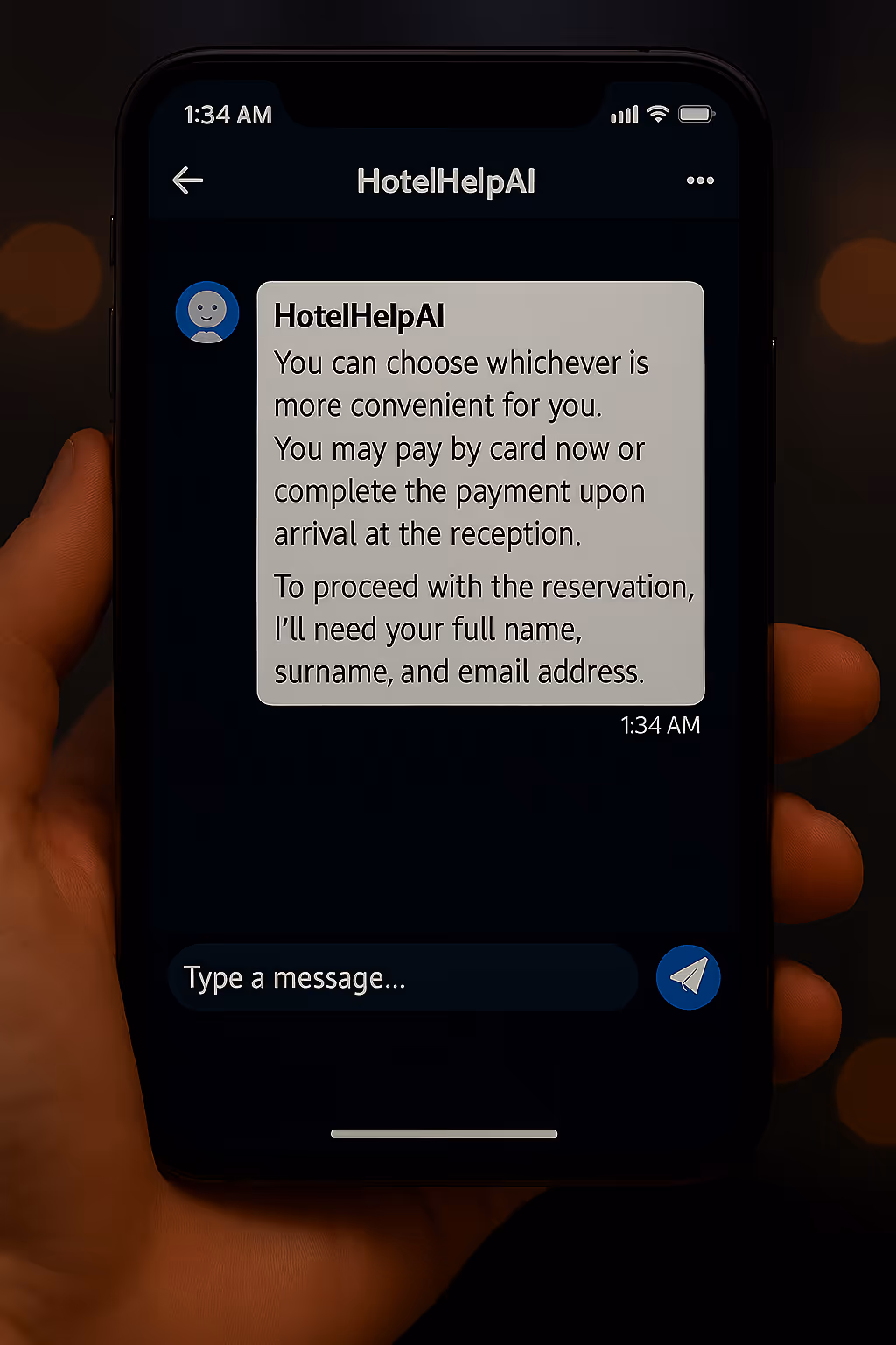 Smartphone screen showing a chat with HotelHelpAI asking for full name, surname, and email to proceed with reservation and payment options.