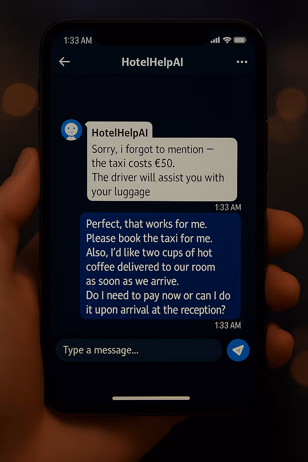 Smartphone screen showing a chat with HotelHelpAI about taxi cost of €50 and booking requests including two cups of hot coffee and payment details.