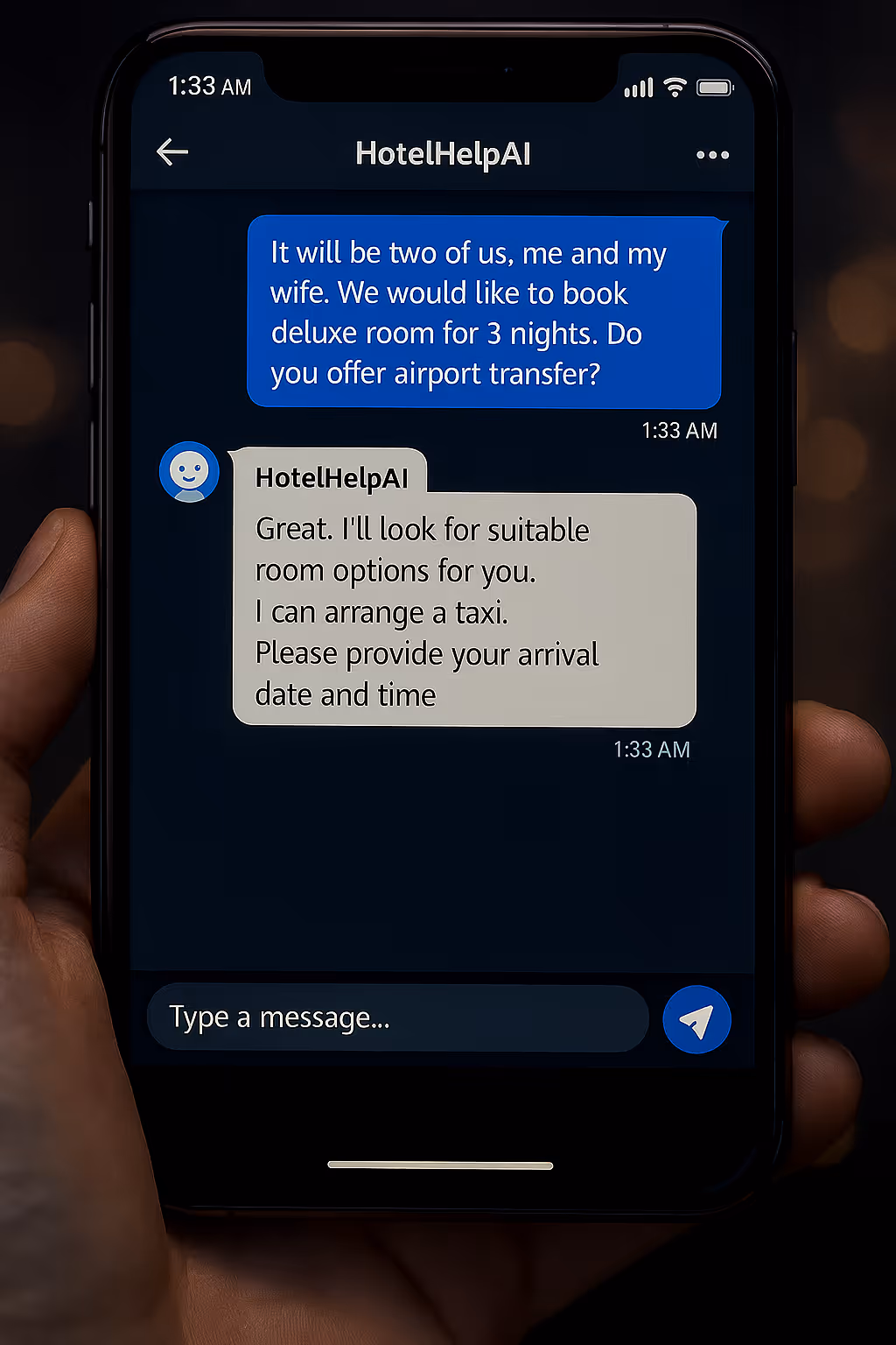 Chat conversation on a smartphone with HotelHelpAI about booking a deluxe room for 3 nights and arranging airport transfer.