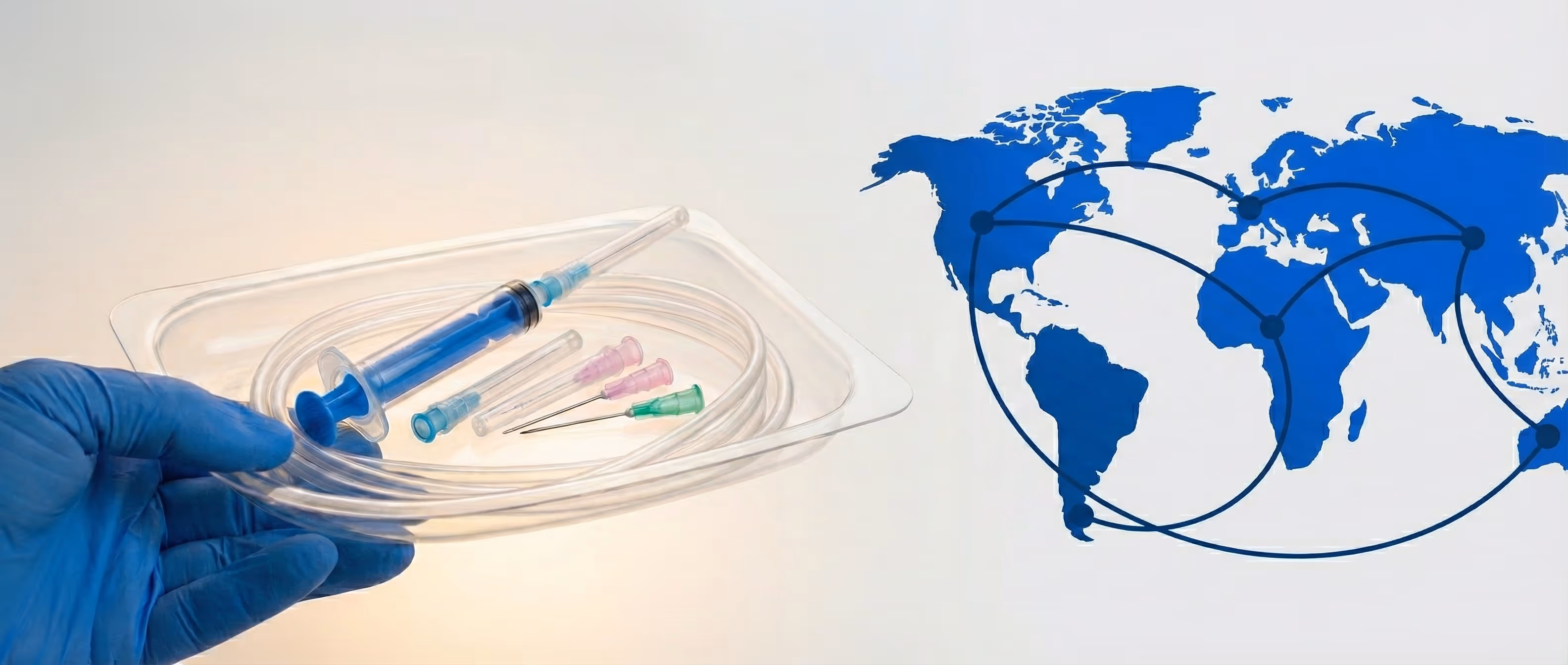 Hand in blue glove holding a tray with a blue syringe, tubing, and needle caps against a world map with connected nodes.