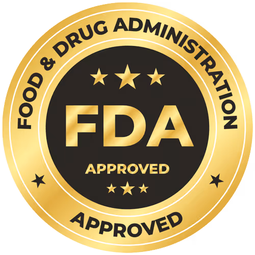 Gold and black badge with text 'Food & Drug Administration Approved' and 'FDA Approved' in the center.