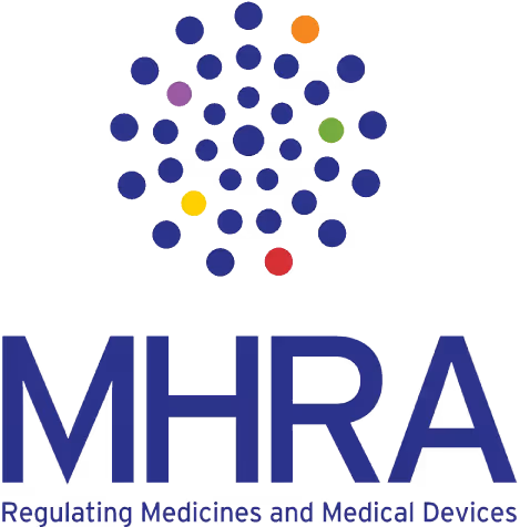 MHRA logo with a circular pattern of blue dots and a few colored dots above the text 'MHRA Regulating Medicines and Medical Devices'.