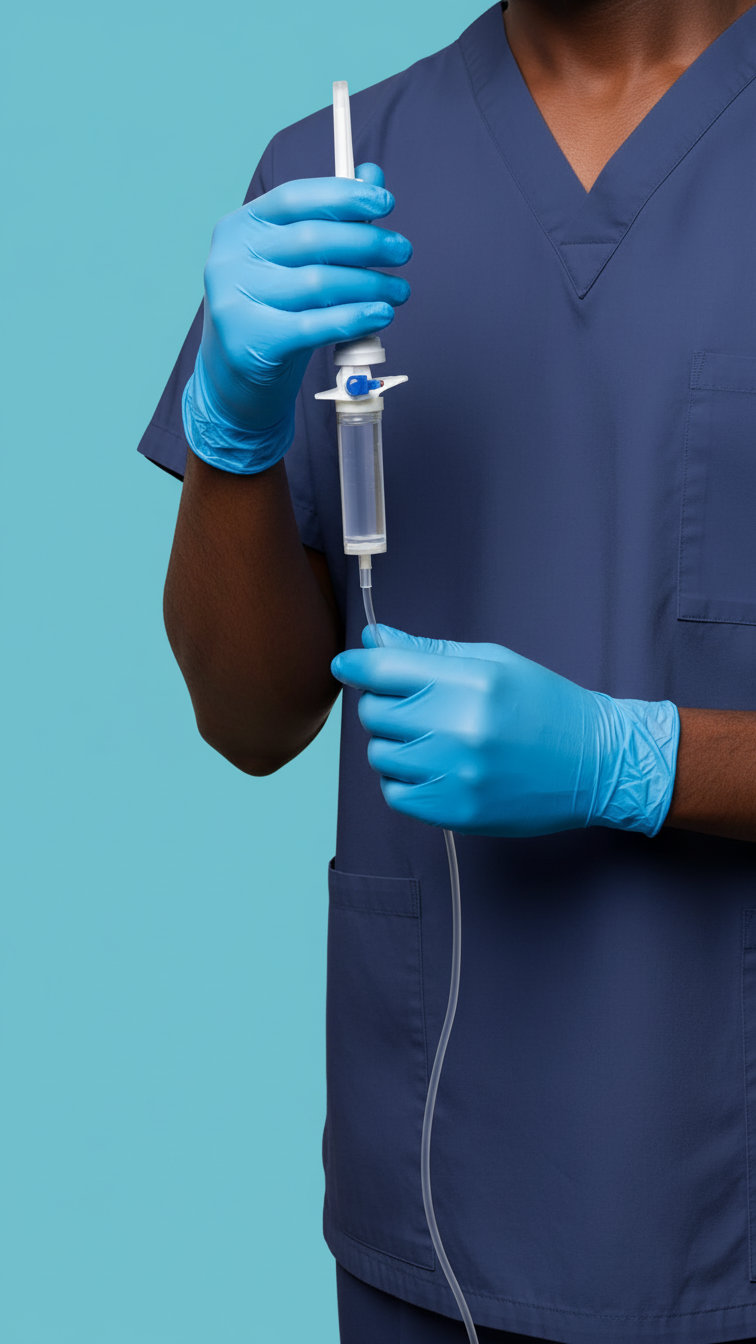 Medical professional in blue scrubs and gloves holding an intravenous drip chamber against a blue background.