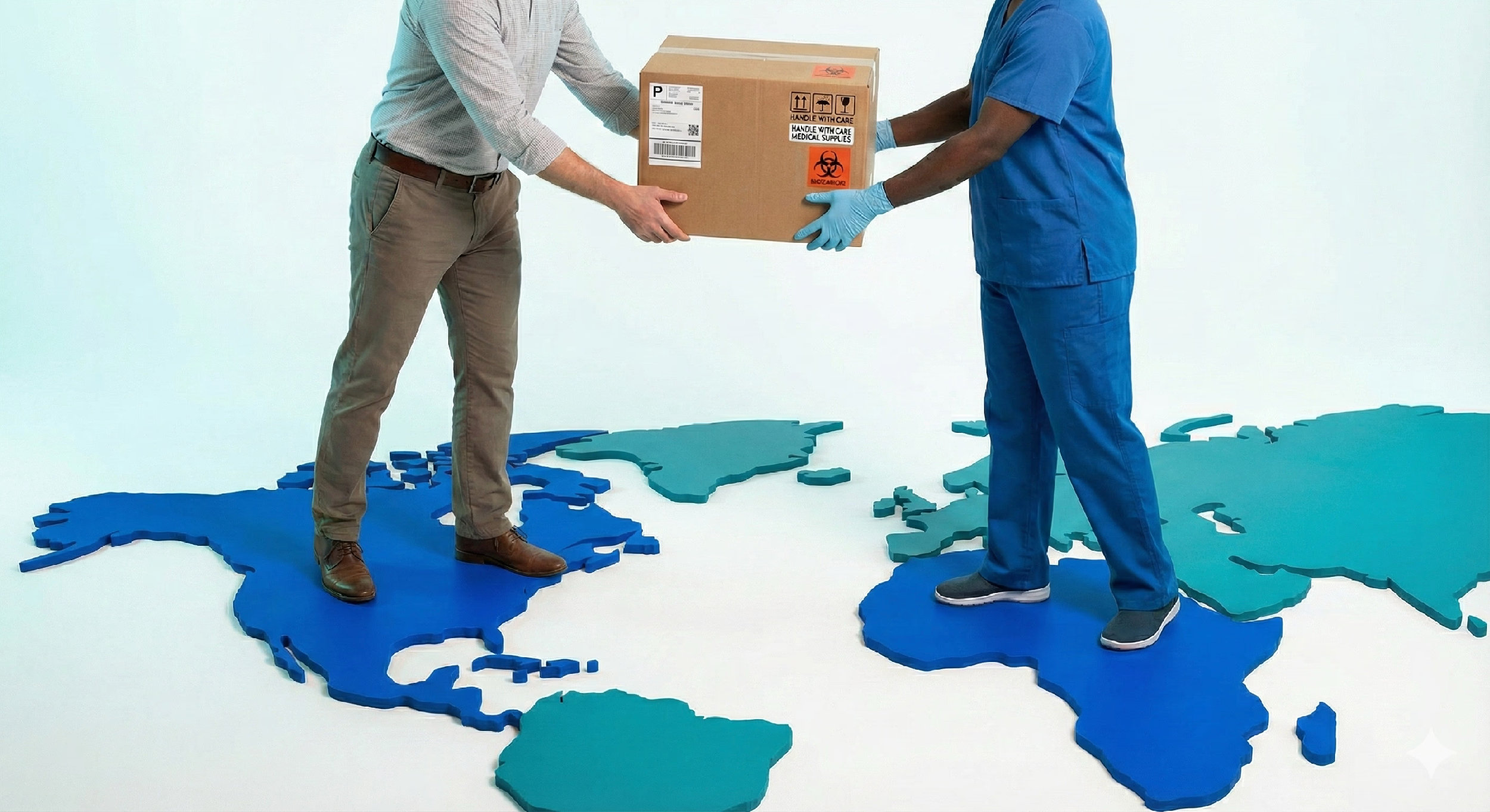 Two men standing on blue and green world map cutouts exchanging a cardboard box labeled with biohazard and medical supply warnings.
